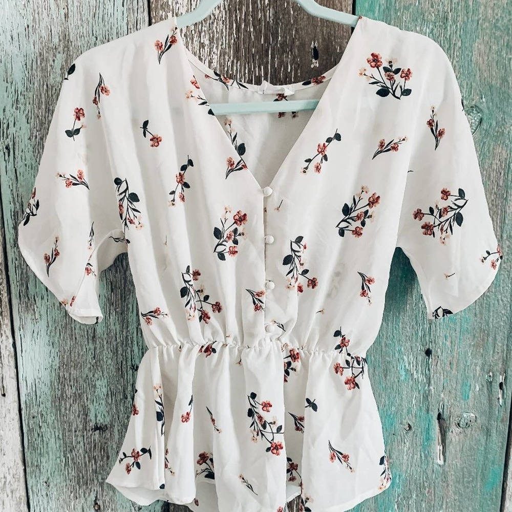 Sienna Sky Floral Button Peplum Blouse White Small - Picture 2 of 5